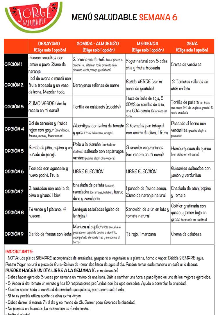 Menu para adelgazar semana 6